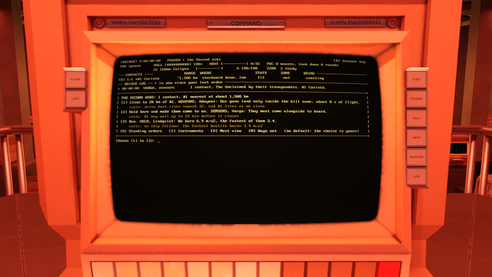 The bridge screen during a fight. The ship's hull, heat and guns, one contact with its range and position, a log line from the sensors officer, and three numbered orders from the Second, each with the cost listed under it.