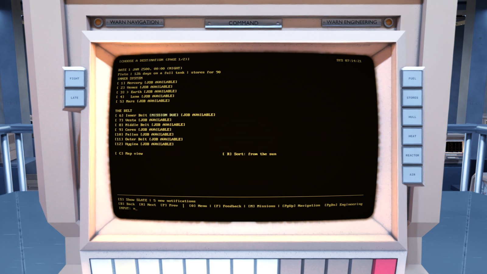The destination screen at the ship console. A numbered list of the inner system and the Belt, each place marked with a job available or a mission due.