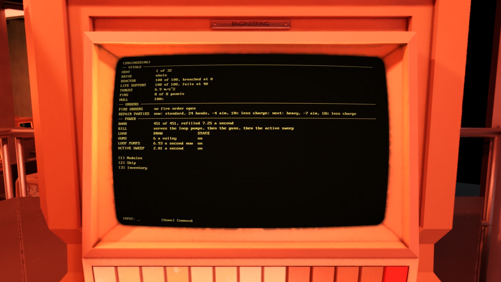The right console during a fight, showing engineering. A table of vitals (heat, drive, reactor, life support, thrust, fins, hull), the standing orders, and the power bank with the draw of each load.