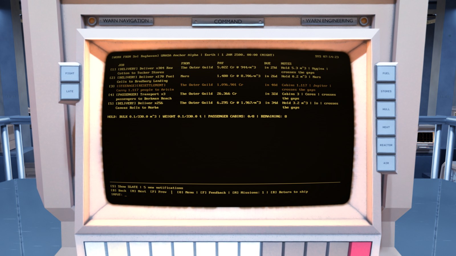 A job board screen listing five jobs with who offers each, the pay, the days until it is due, and the hold space it needs.