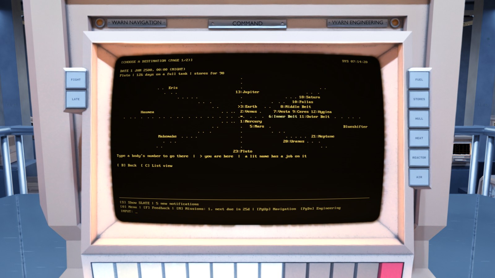 A map of the solar system drawn in text. Each body has a number, and the ship's position is marked.