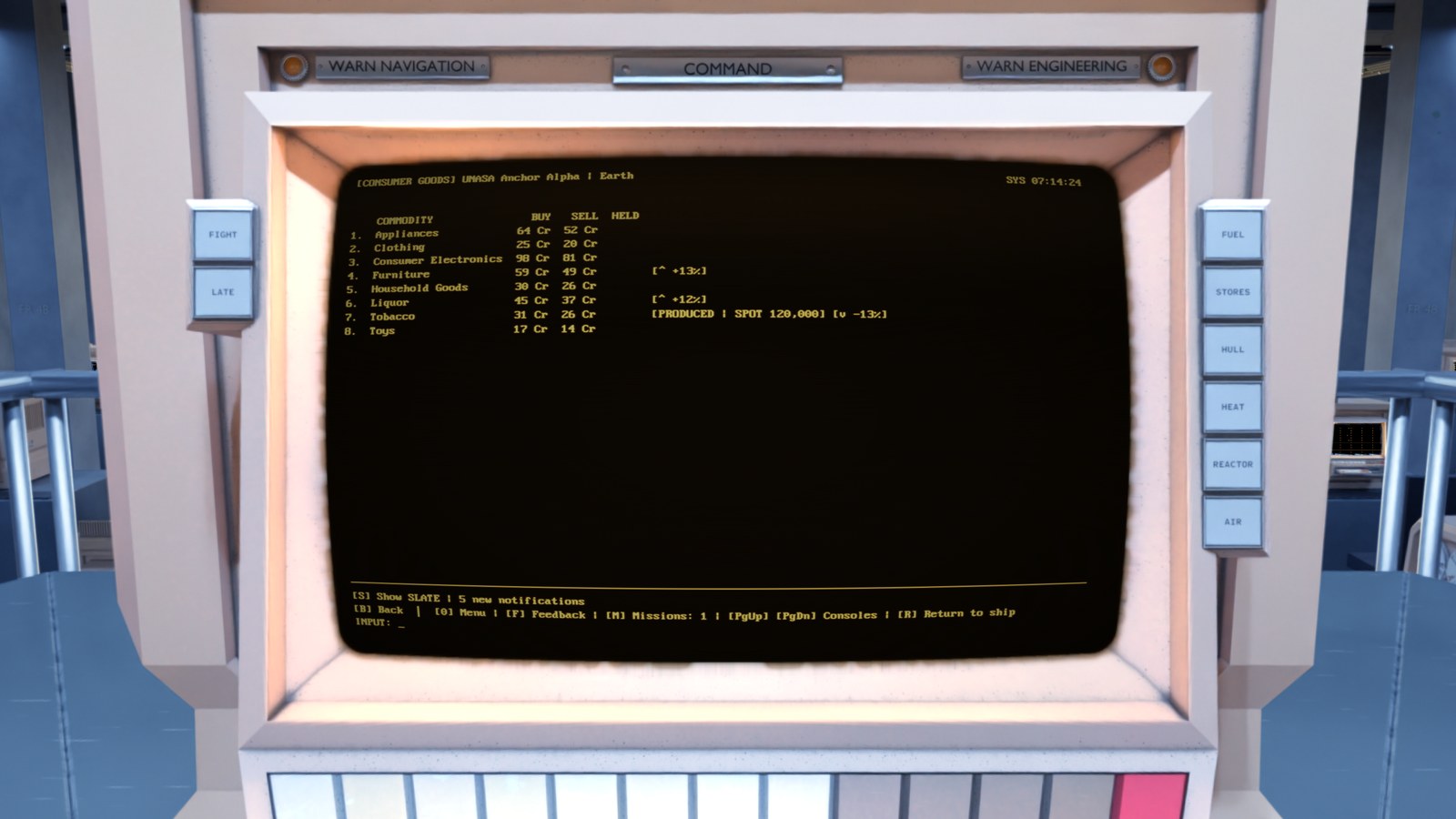 A market screen at UNASA Anchor Alpha above Earth. A table of consumer goods with buy and sell prices in credits, and a note on the one good the station produces.