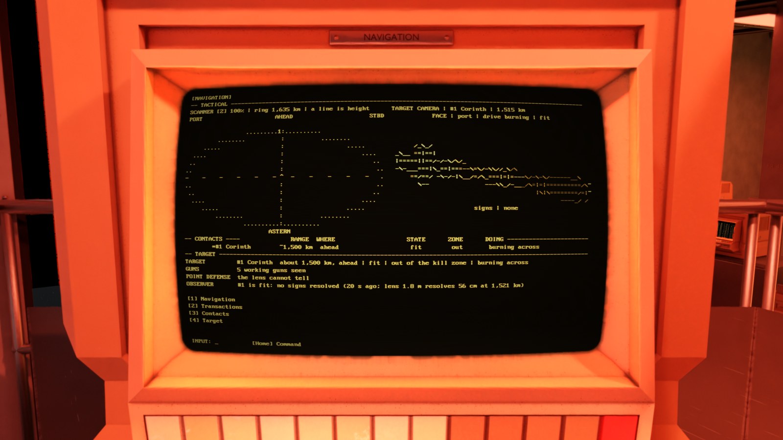 The left console during a fight, showing a tactical display. A radar ring with the contact marked, a camera view of the target ship, a table of contacts with range and state, and readouts for the target, its guns and the observer.